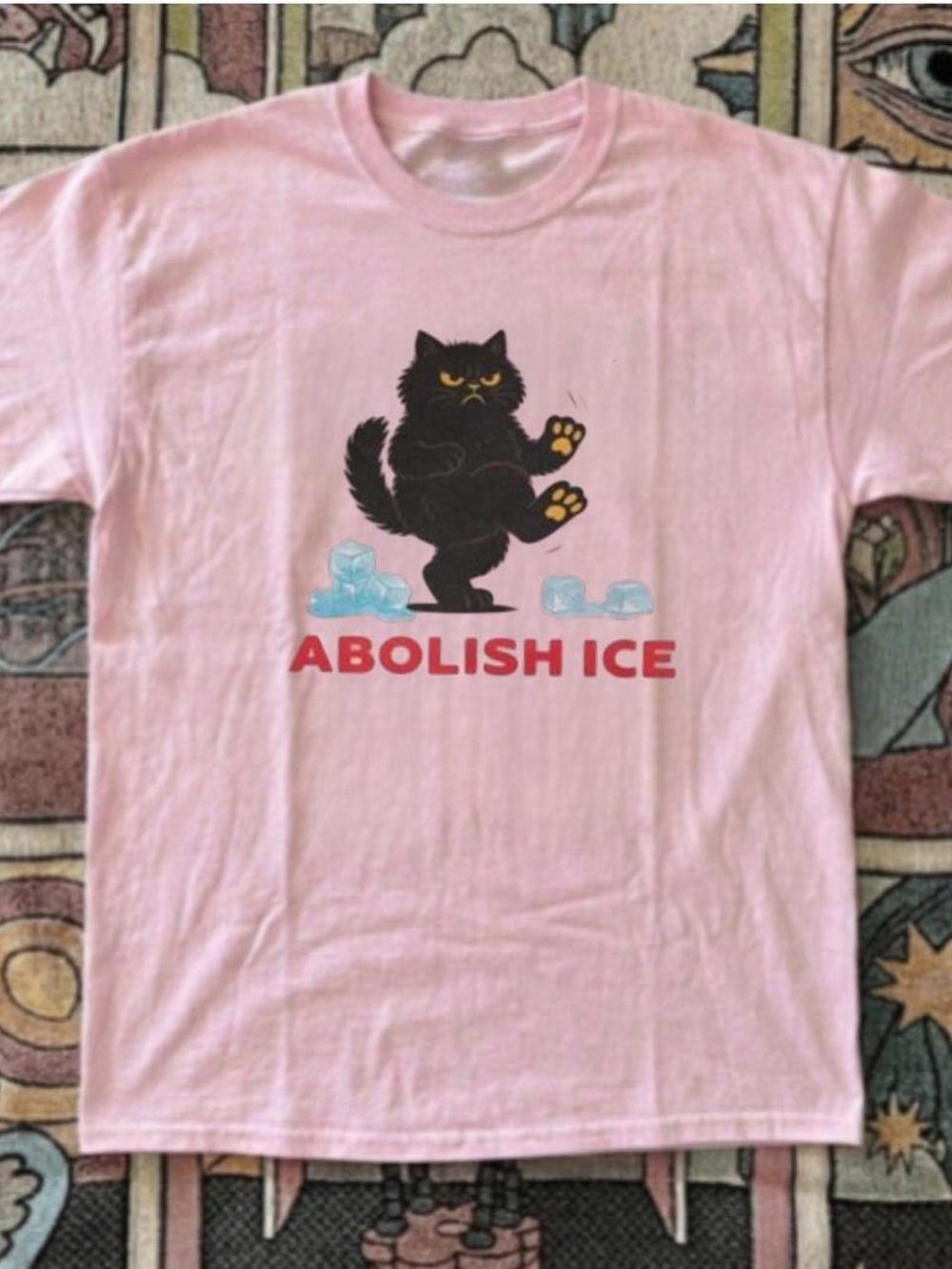 Gildan Pink Tee with Black Cat "Abolish Ice" Graphic